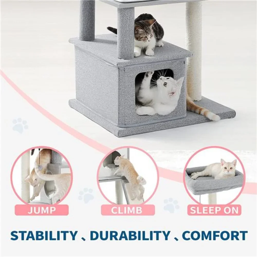 Modern Cat Tower, Wood Cat Tree with Scratch Post and Top Perch Bed, 20 Lbs